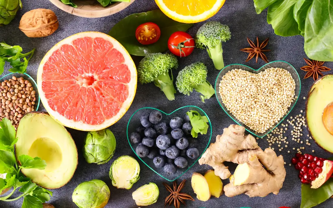 Whole foods for functional nutrition including leafy greens, citrus, blueberries, ginger, quinoa, avocado and broccoli